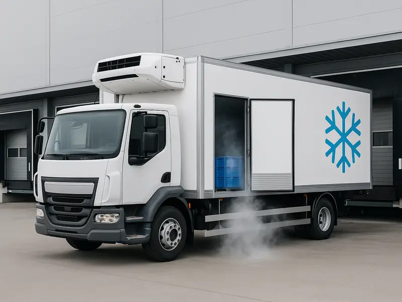 Caminhão baú refrigerado utilizado no transporte de cargas perecíveis. Tipos de Carga