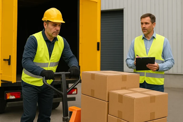 Trabalhadores realizando carregamento e conferência de mercadorias em caminhão amarelo