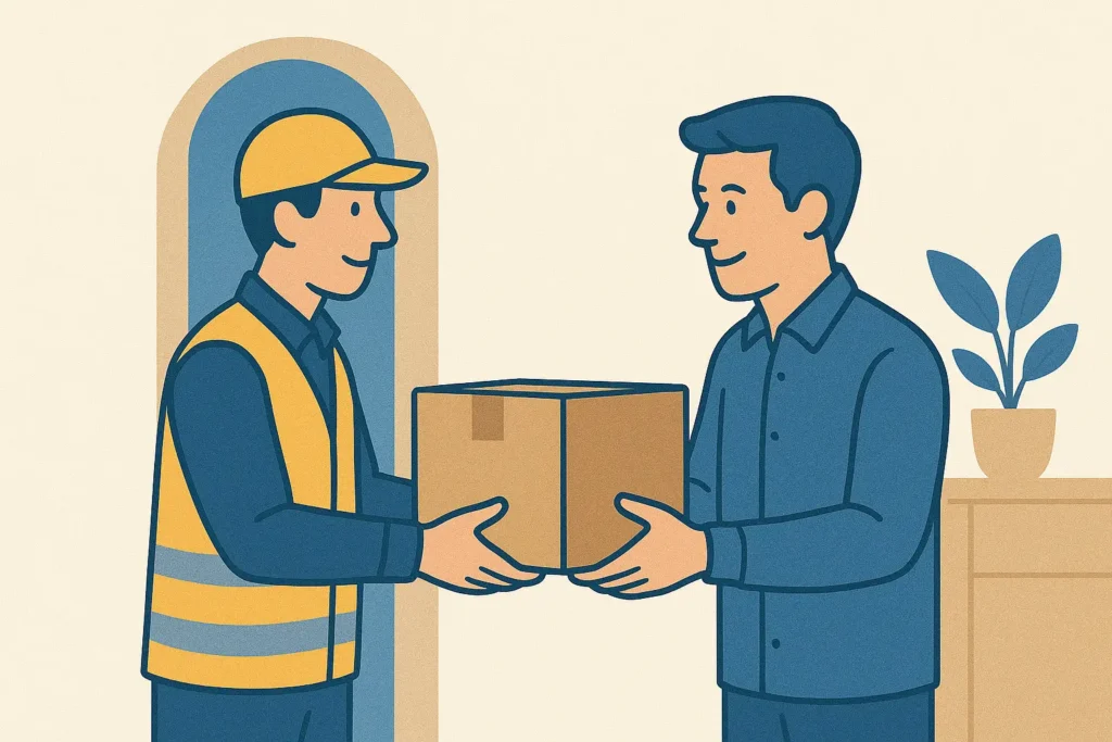 Entregador realizando entrega de pacote diretamente ao cliente