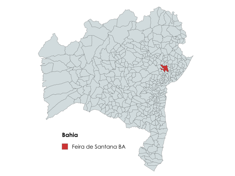 Mapa de localização de Feira de Santana na Bahia com destaque em vermelho no território estadual.