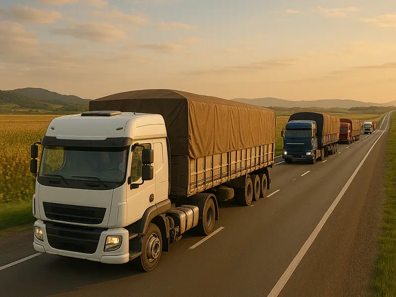 Caminhões transportando grãos em rodovia brasileira