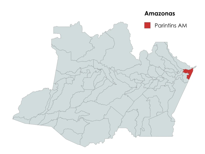 Mapa do estado do Amazonas destacando a localização de Parintins no Amazonas