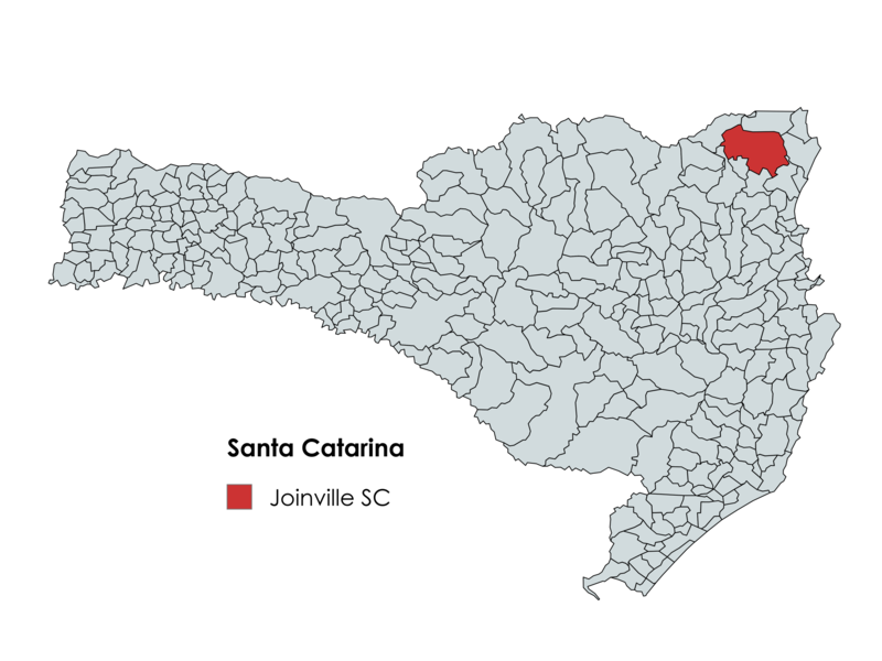 Mapa do estado de Santa Catarina destacando a localização de Joinville em vermelho