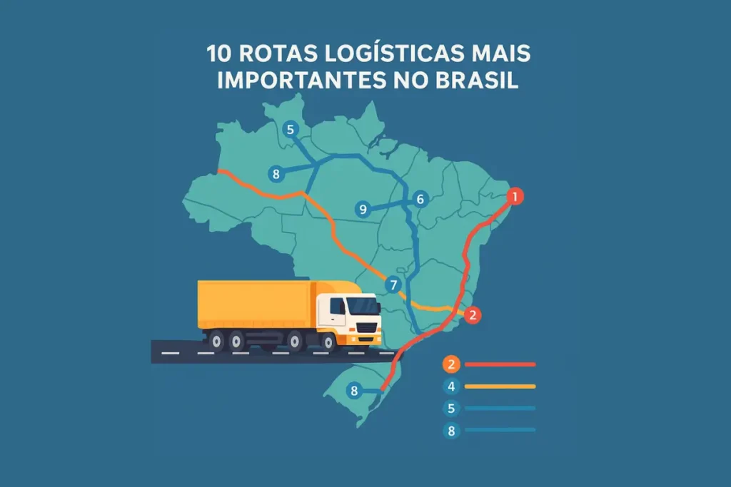 Mapa do Brasil com destaque para as 10 rotas logísticas mais importantes