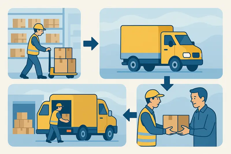 Etapas da Entrega -Ilustração das etapas do processo logístico de entrega de mercadorias
