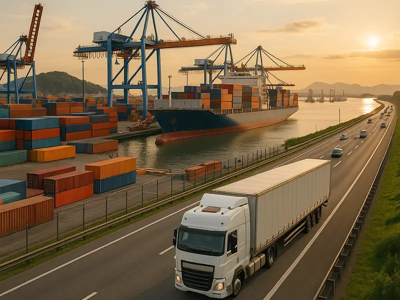 Caminhão em rodovia próximo a terminal portuário com contêineres e navio cargueiro ao fundo