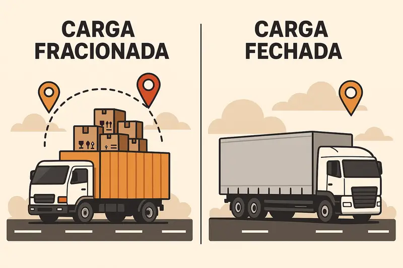 Ilustração comparando carga fracionada com carga fechada no transporte rodoviário