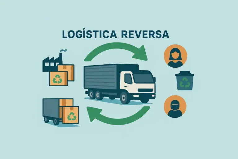 Ilustração representando a logística reversa com caminhões e reciclagem