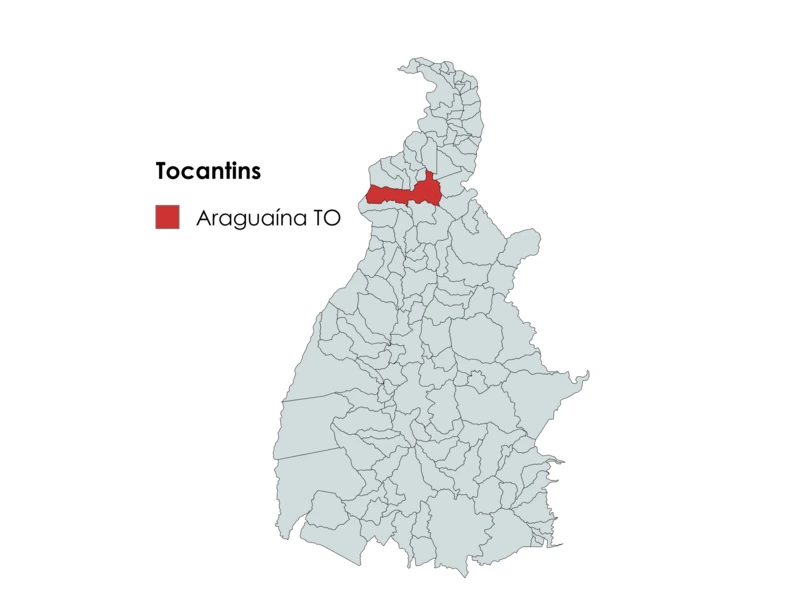 Mapa do estado do Tocantins destacando a localização de Araguaína no Tocantins