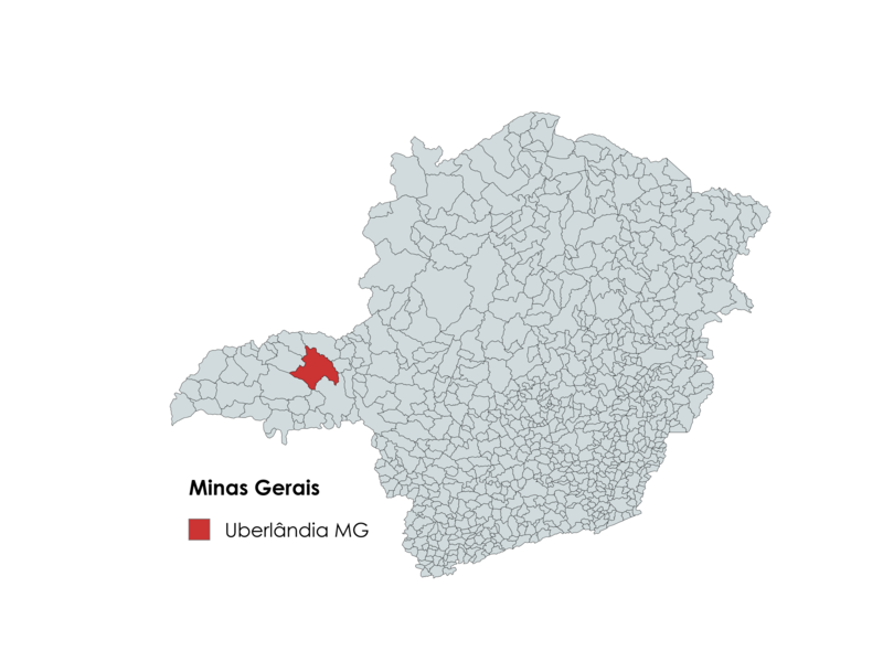 Mapa de Minas Gerais destacando a localização de Uberlândia no Triângulo Mineiro