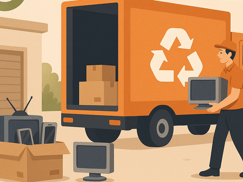 caminhão de logística reversa coletando equipamentos eletrônicos para reciclagem