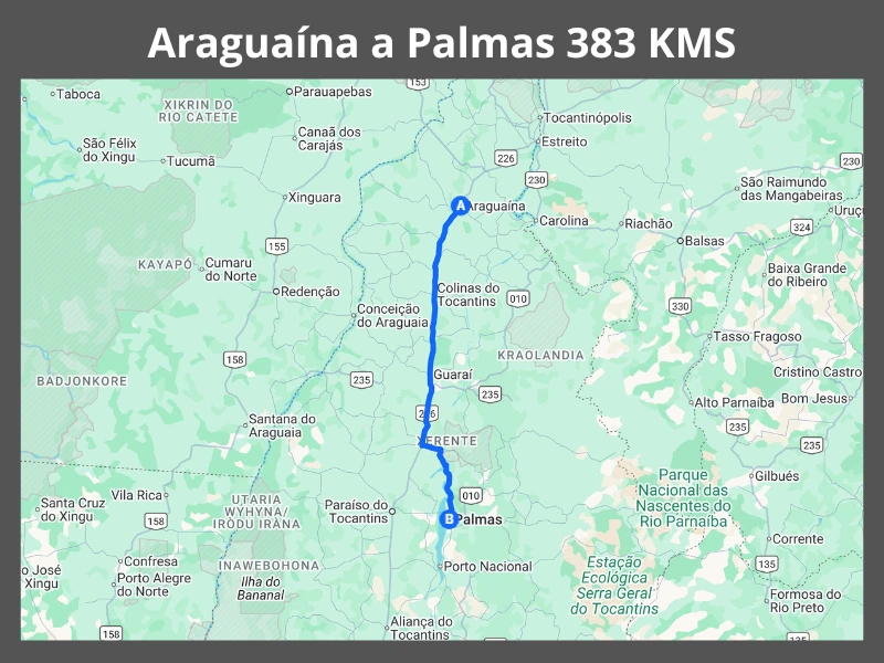 Mapa da rota rodoviária entre Araguaína e Palmas no Tocantins