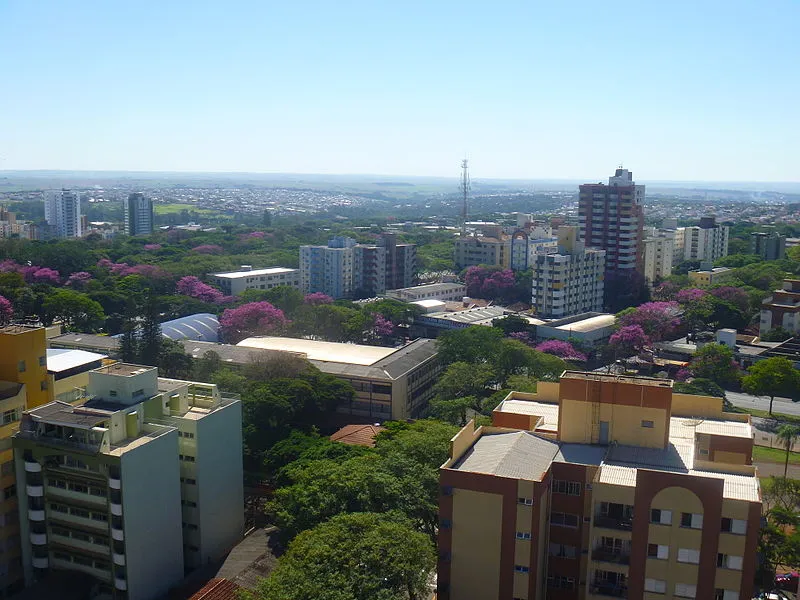 Vista aérea de Maringá com prédios residenciais e ruas arborizadas