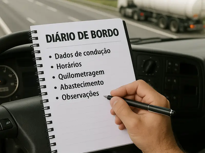 Caminhoneiro fazendo anotações no diário de bordo com lista de dados de condução e abastecimento