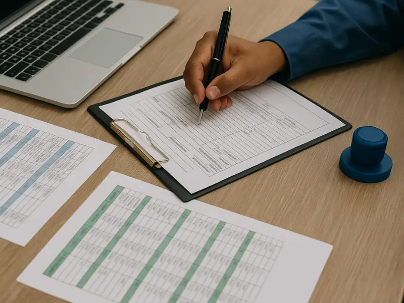 Pessoa preenchendo formulários de transporte e conferindo planilhas em mesa de escritório