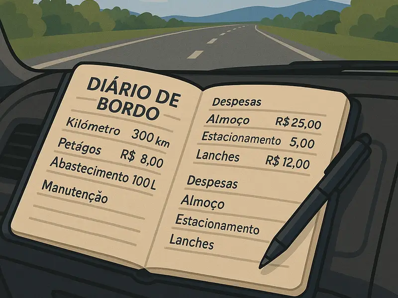 Caderno de anotações de caminhoneiro com despesas e quilometragem no diário de bordo