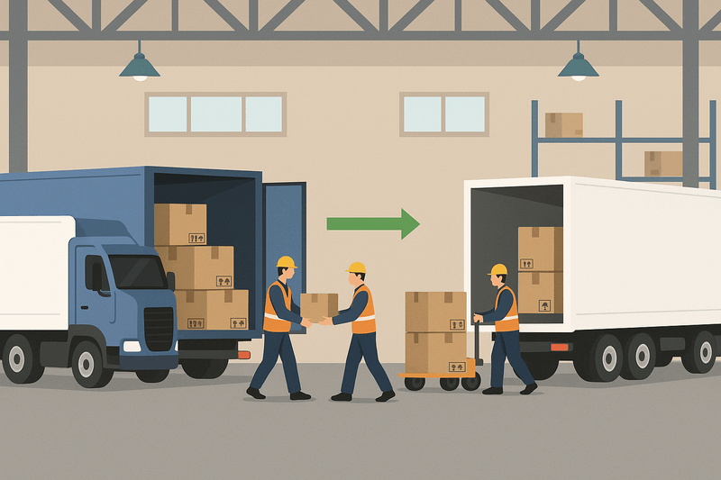 Trabalhadores realizando operação de cross-docking com transferência direta de mercadorias entre caminhões