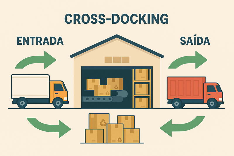 Ilustração do processo logístico de cross-docking com caminhões de entrada e saída