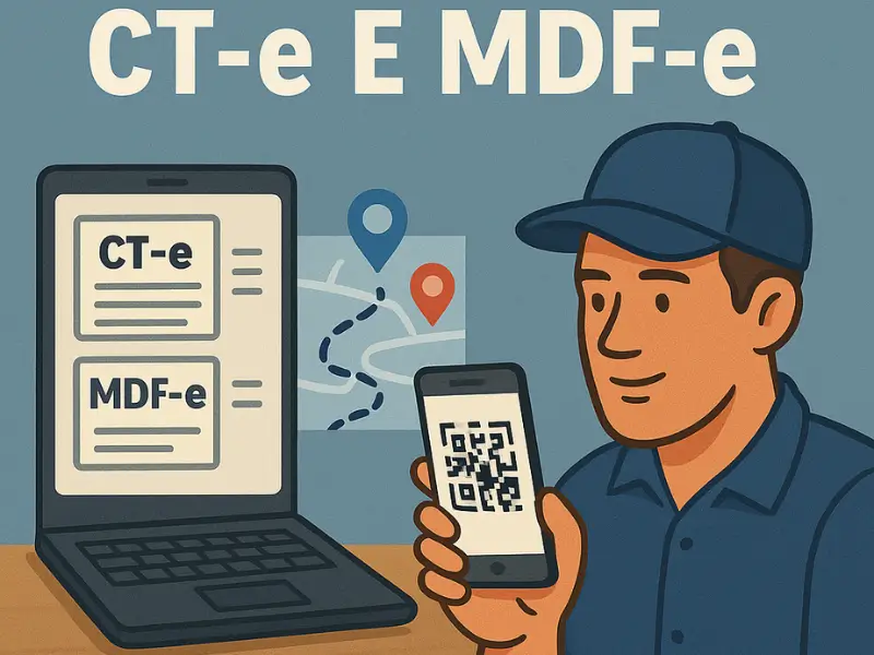 Embarcador utilizando celular e notebook com documentos CT-e e MDF-e do transporte rodoviário de cargas