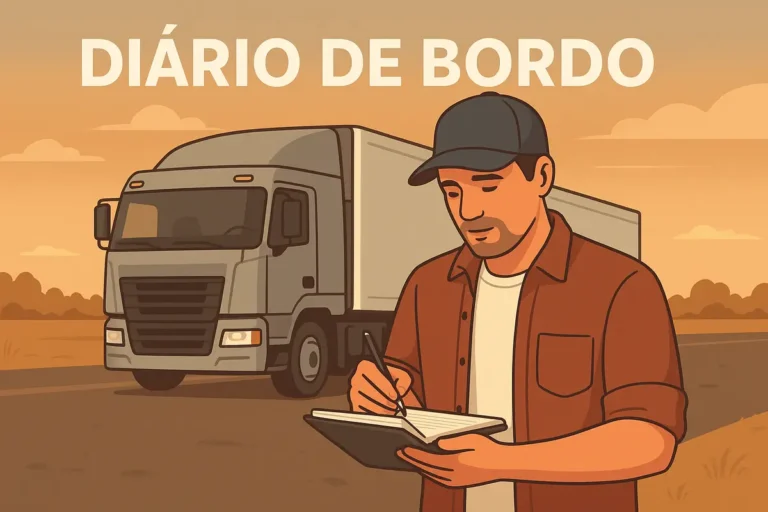 Ilustração de caminhoneiro anotando informações em diário de bordo ao lado do caminhão