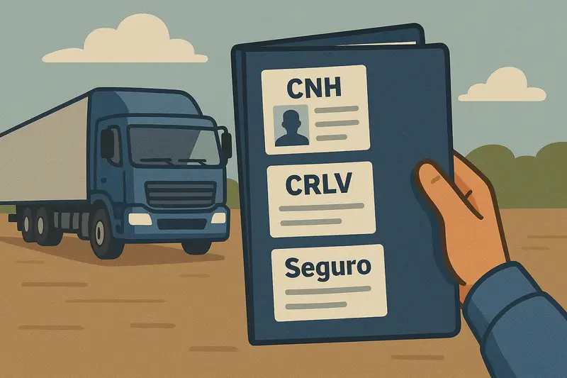 Motorista segurando pasta com documentos CNH, CRLV e seguro ao lado de um caminhão de carga