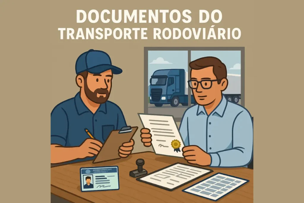 Ilustração de dois profissionais analisando documentos do transporte rodoviário em um escritório