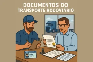 Ilustração de dois profissionais analisando documentos do transporte rodoviário em um escritório