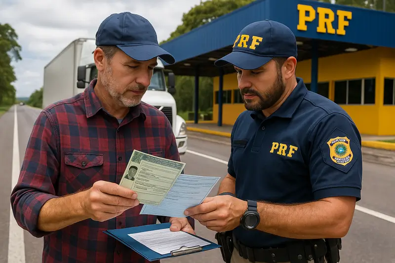 Policial rodoviário federal conferindo documentos de motorista de caminhão em fiscalização na estrada