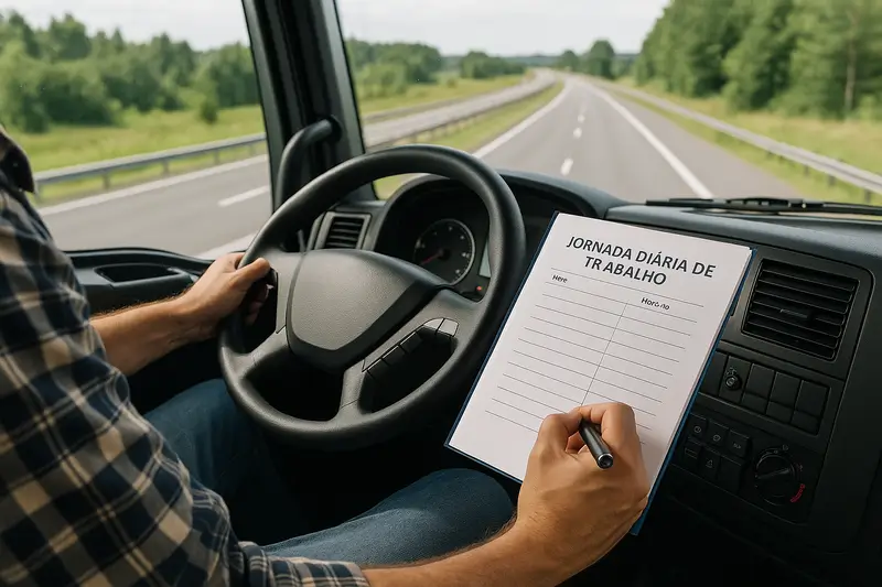 Caminhoneiro registrando informações da jornada de trabalho em estrada