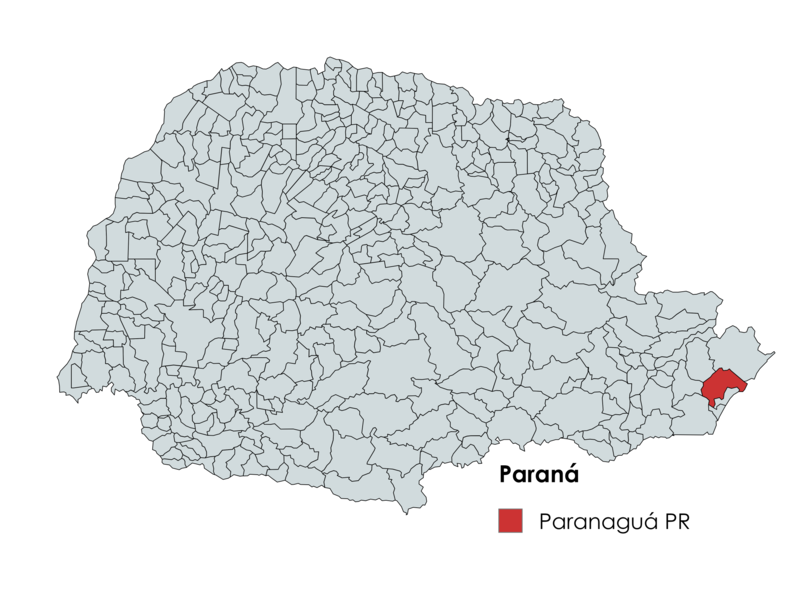 Mapa do Paraná destacando a localização do município de Paranaguá em vermelho