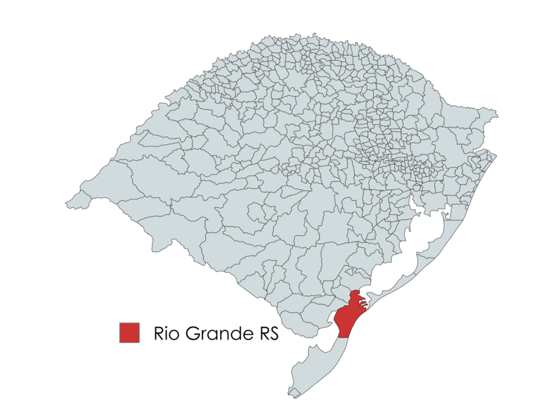 Mapa do Rio Grande do Sul com destaque para a cidade de Rio Grande em vermelho.