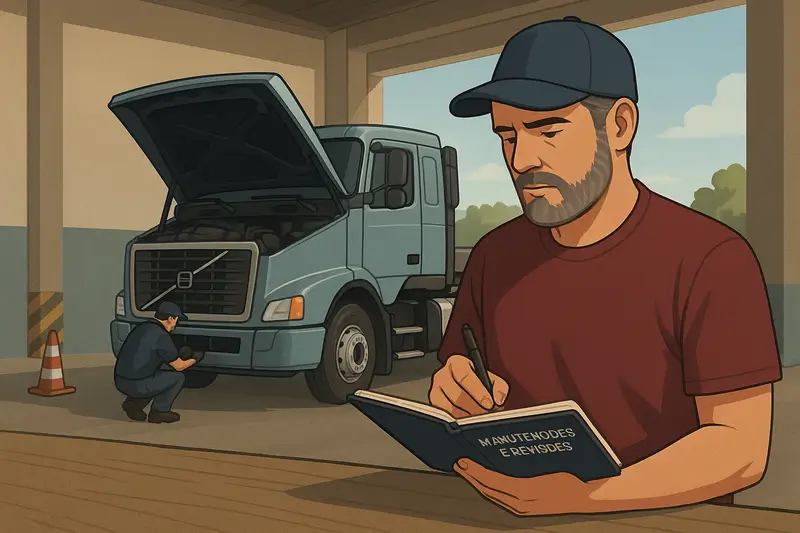 Caminhoneiro anotando informações de manutenção de caminhão em diário de bordo