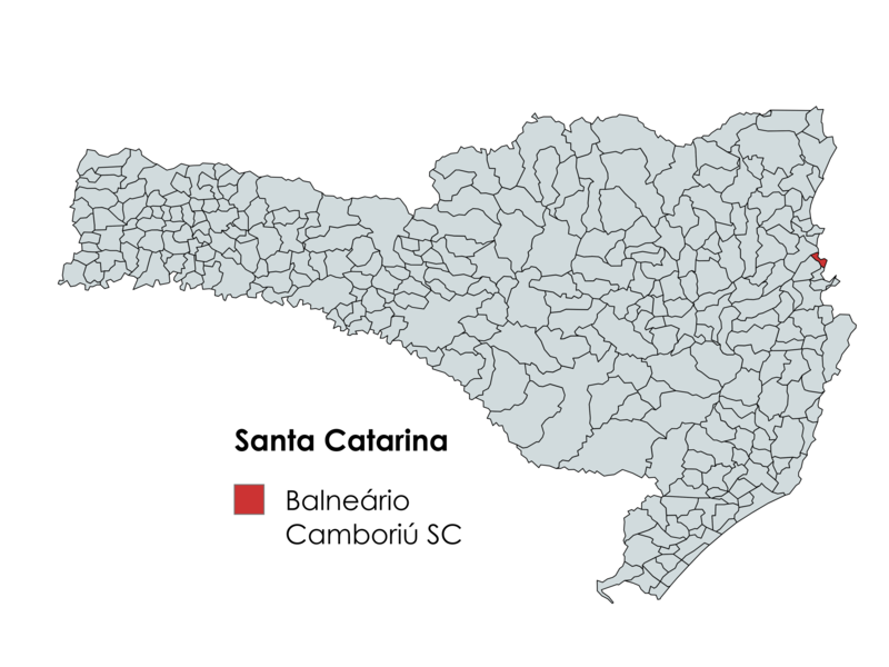 Mapa de Santa Catarina destacando a localização de Balneário Camboriú no litoral norte do estado