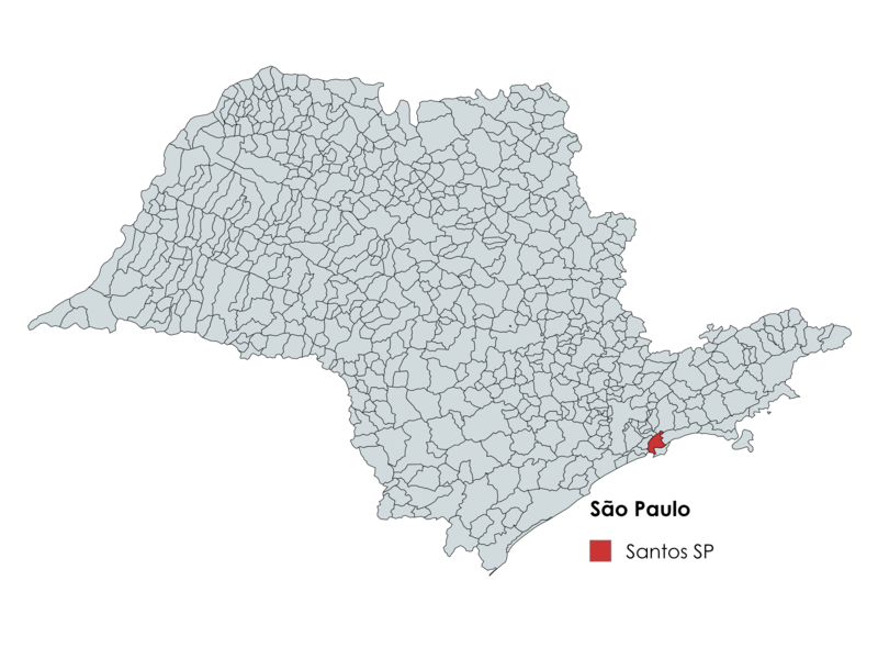 Mapa do estado de São Paulo destacando a cidade de Santos em vermelho