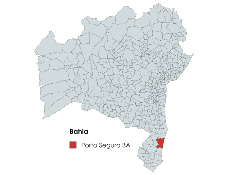 Mapa da Bahia destacando a localização de Porto Seguro no litoral sul