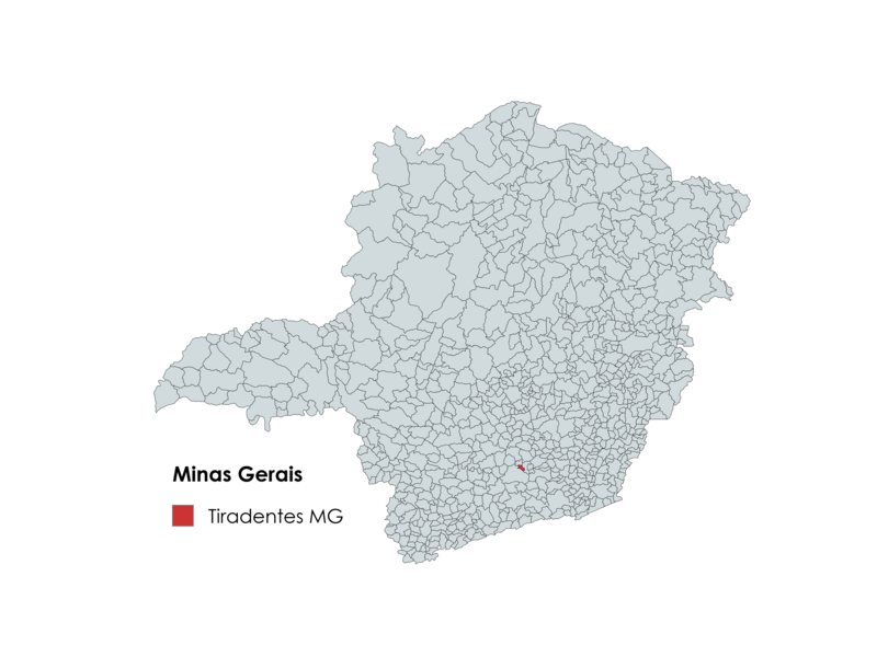Mapa de Minas Gerais destacando a localização de Tiradentes na região central do estado