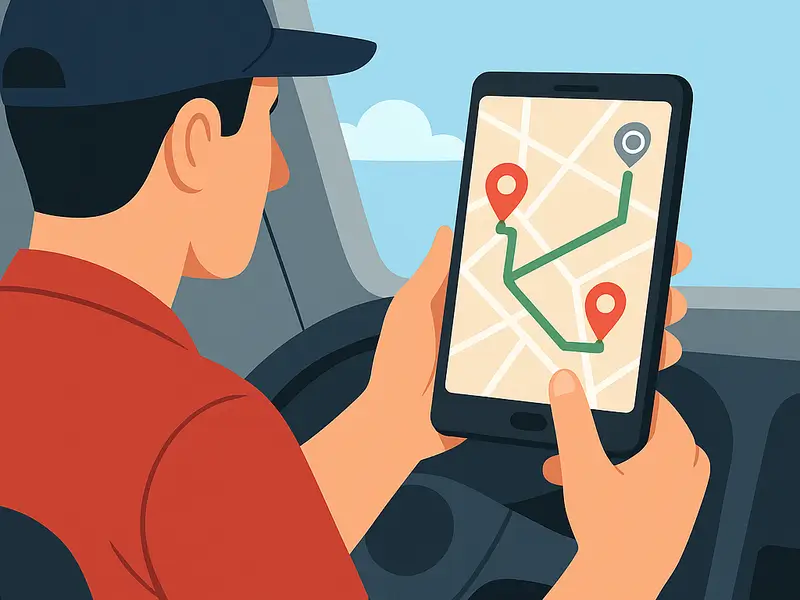 Motorista usando aplicativo de mapa digital para roteirização de entregas