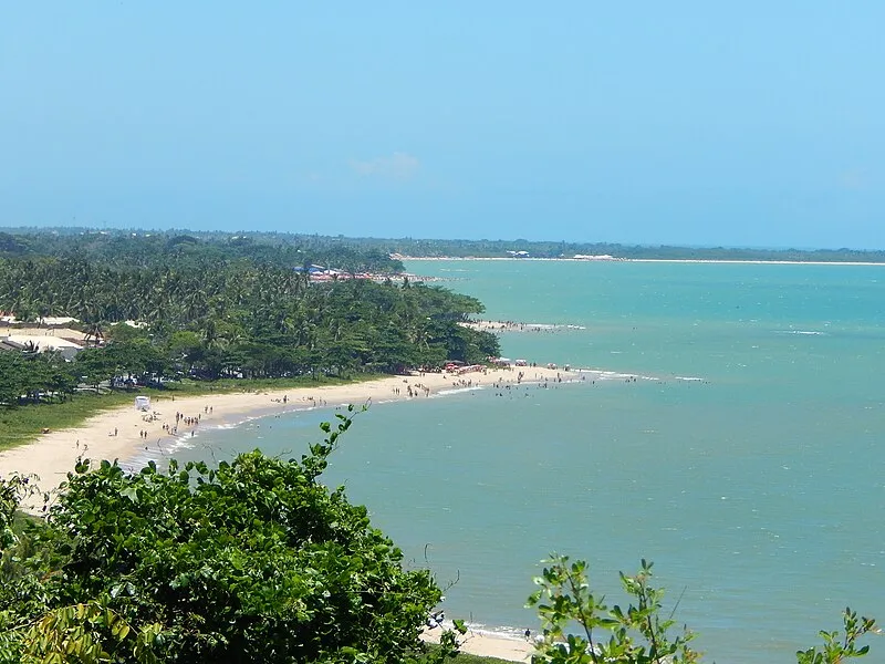 Vista aérea da praia de Porto Seguro com mar azul e faixa de areia cercada por coqueiros