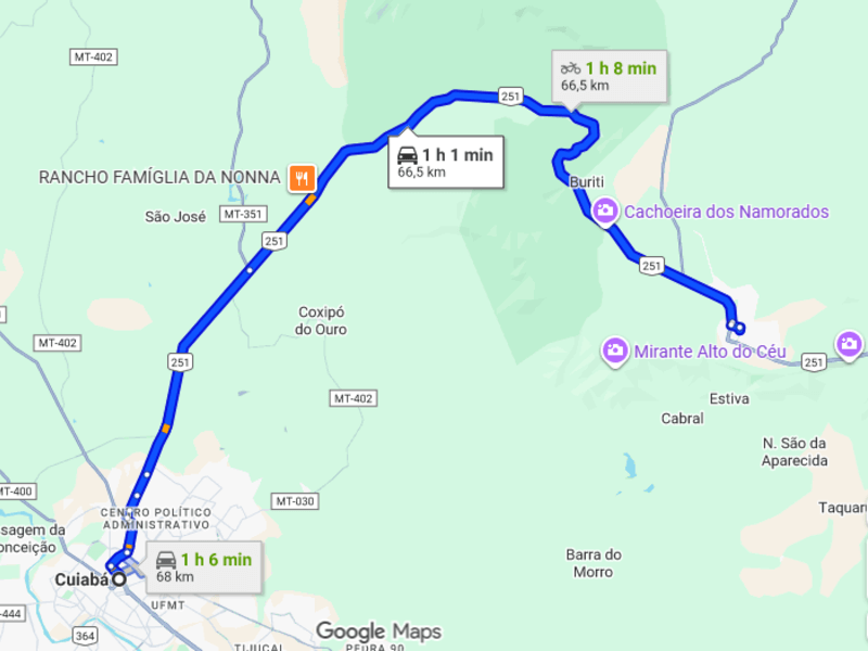 Mapa com rota de Cuiabá até a Chapada dos Guimarães mostrando principais pontos turísticos