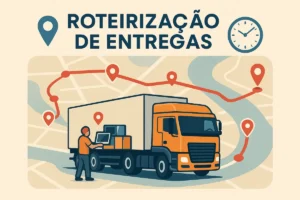 Ilustração de caminhão com mapa e pontos de rota para roteirização de entregas