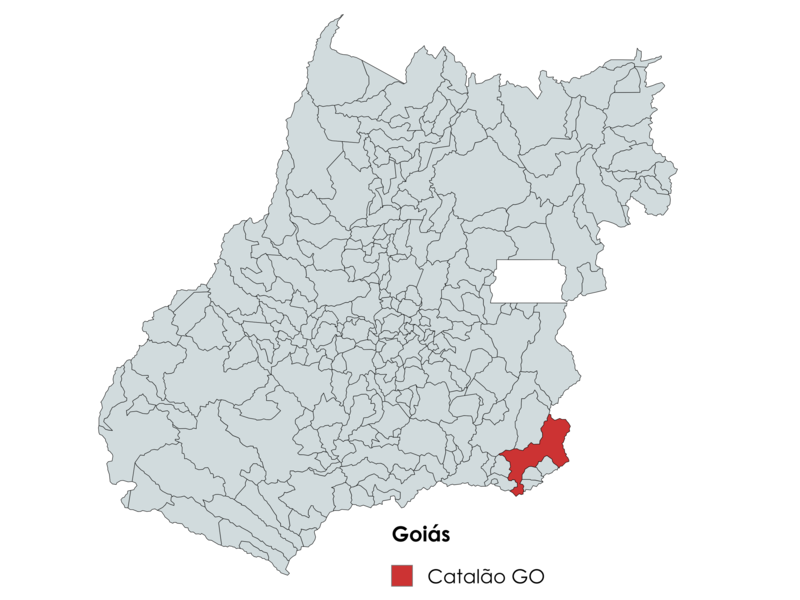 Mapa do estado de Goiás destacando a localização do município de Catalão em vermelho