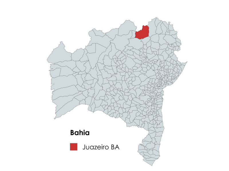 Mapa do estado da Bahia destacando a localização de Juazeiro em vermelho