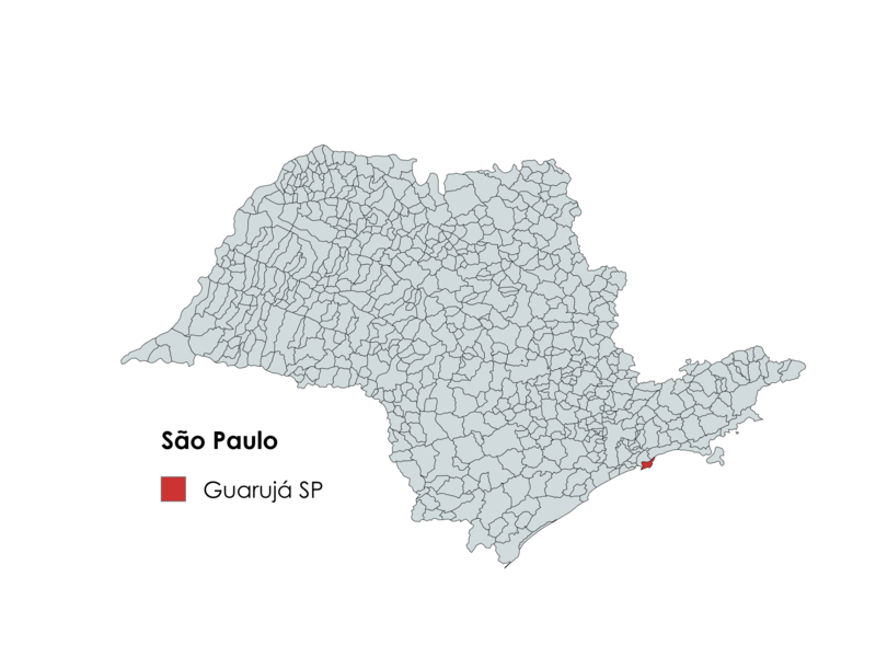 Mapa do estado de São Paulo com destaque para o município do Guarujá em vermelho