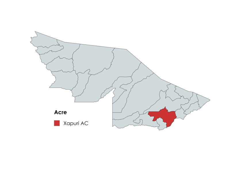 Mapa do estado do Acre destacando o município de Xapuri em vermelho