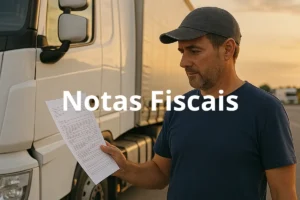 Motorista conferindo notas fiscais ao lado do caminhão no transporte de cargas