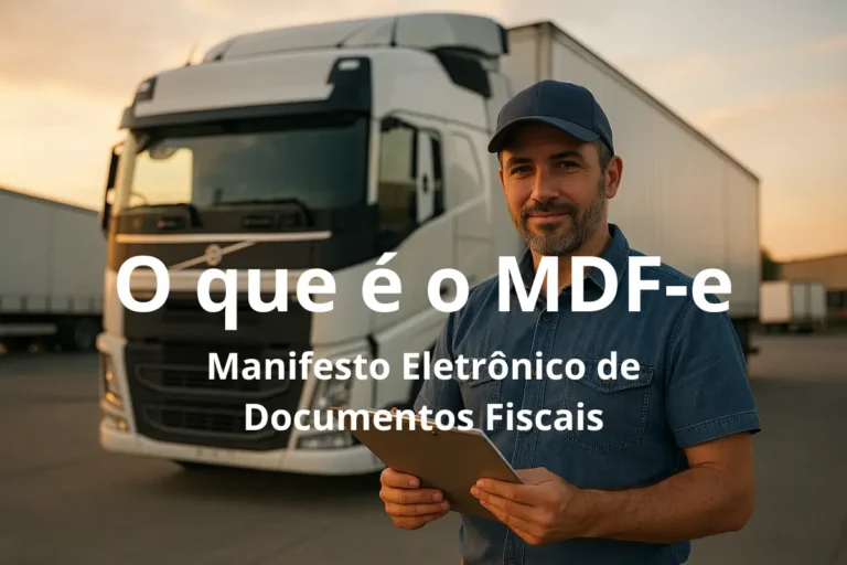 Motorista segurando tablet em frente a caminhão Volvo ao entardecer, representando o MDF-e