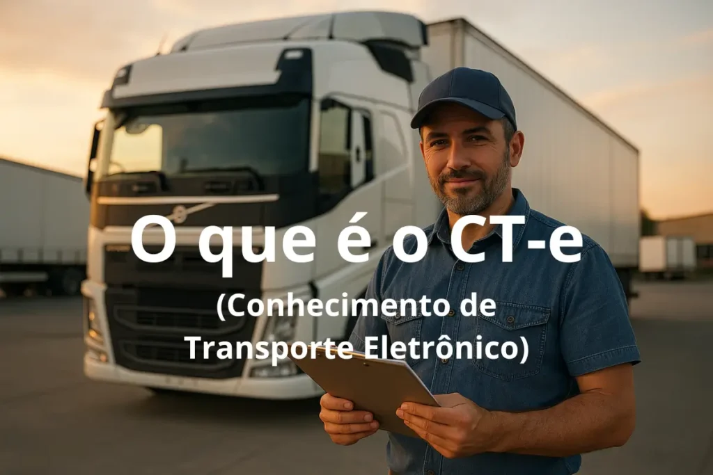 Caminhoneiro segurando prancheta em frente a caminhão, com texto explicativo sobre o CT-e (Conhecimento de Transporte Eletrônico)