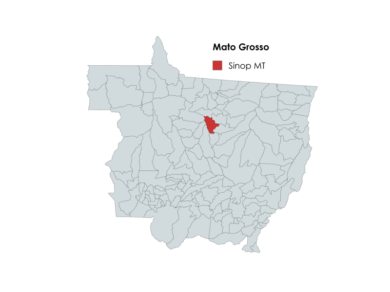 Mapa do estado de Mato Grosso com destaque em vermelho para o município de Sinop