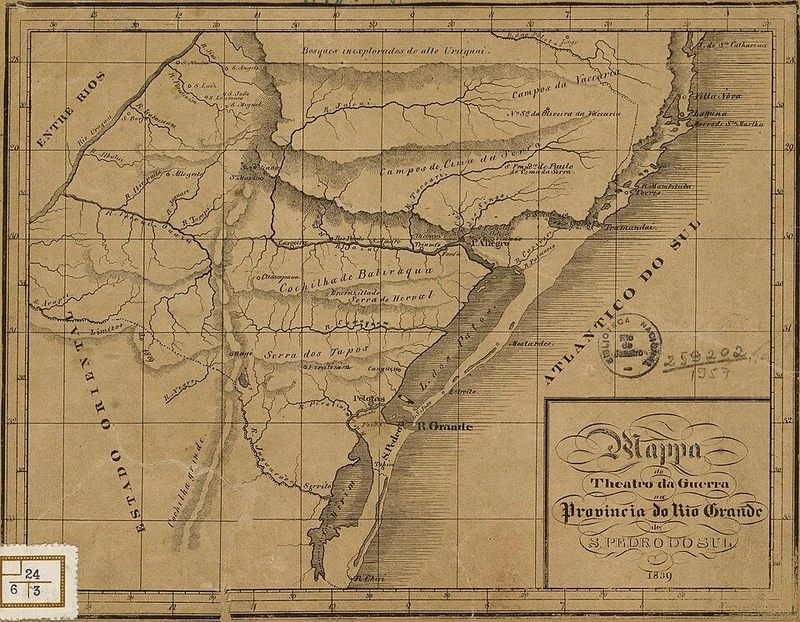 Mapa histórico de 1839 mostrando o teatro da Guerra dos Farrapos no Rio Grande do Sul