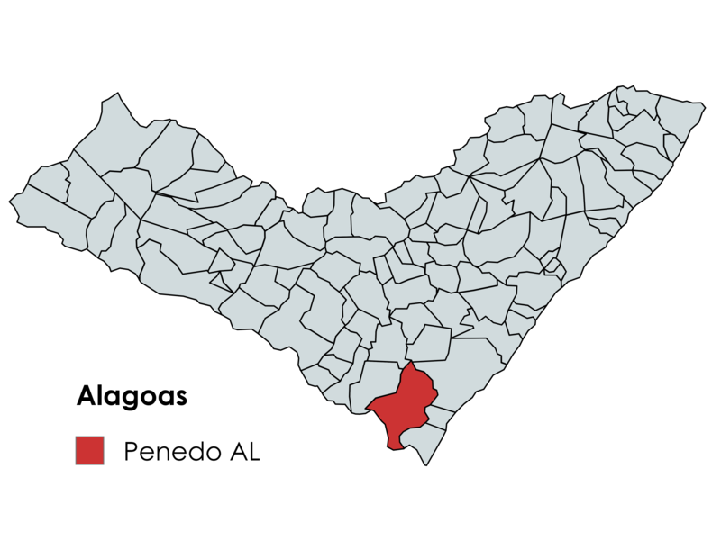 Mapa de Alagoas destacando em vermelho a localização do município de Penedo.